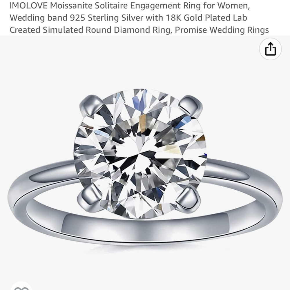 Moissanite 3 carat silver solitaire ring Sz 9